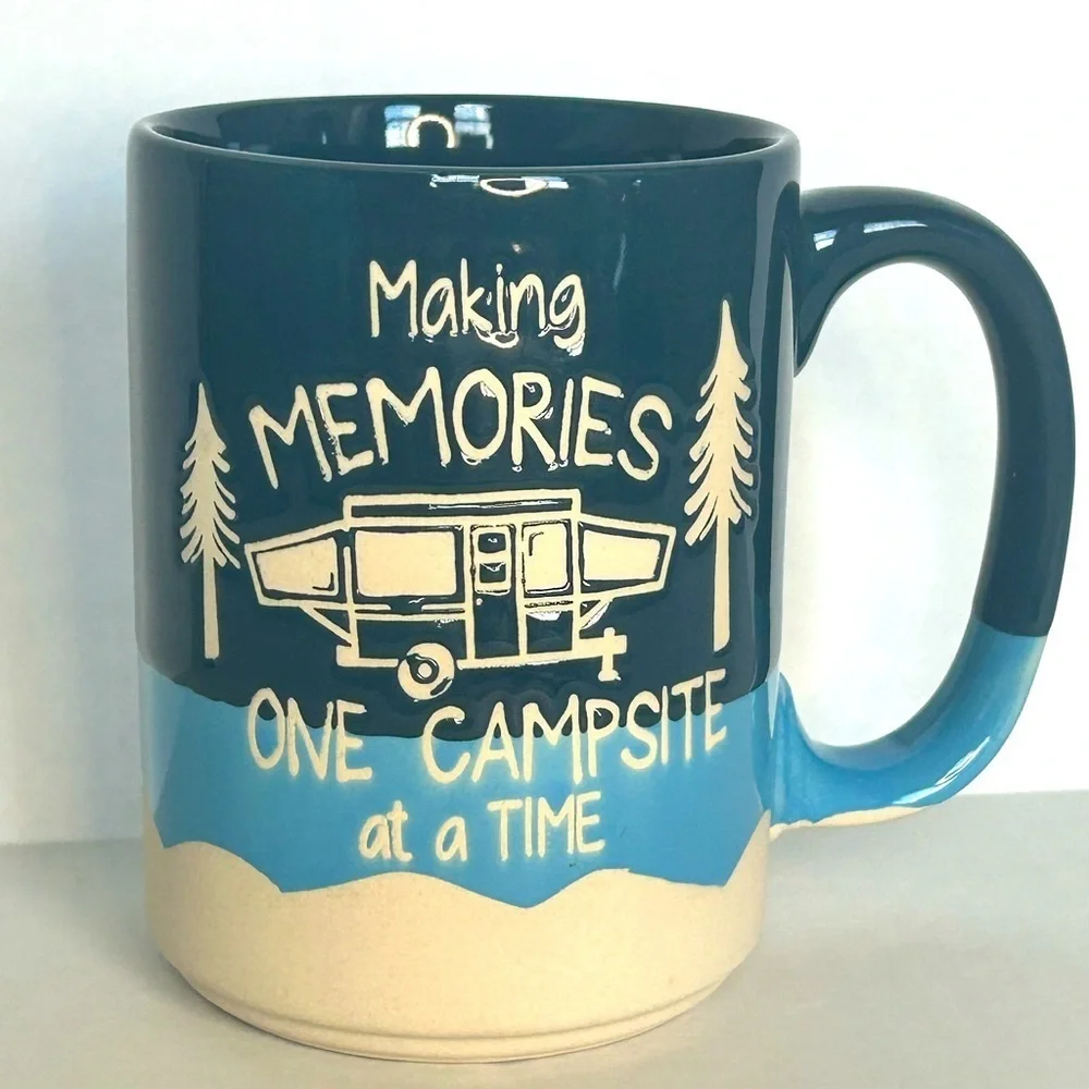 SOLD—Campsite Memories Raised Image Coffee Mug Gift Spectrum Designs Blue - Picture 1 of 7